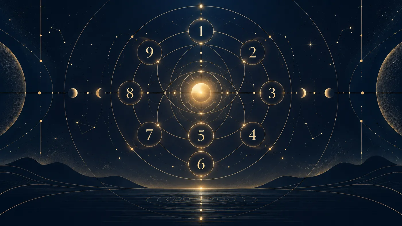 Representação visual dos números de 1 a 9, ciclos e caminhos da Numerologia Pitagórica